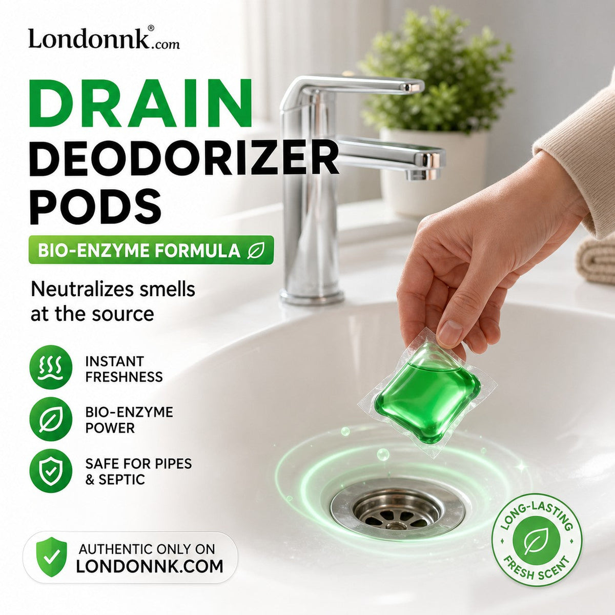Turqelis™ Drain Deodorizer Pods – Bio‑enzyme formula neutralizes smells at the source. Instant fresh scent, no harsh chemicals. 🚰✅