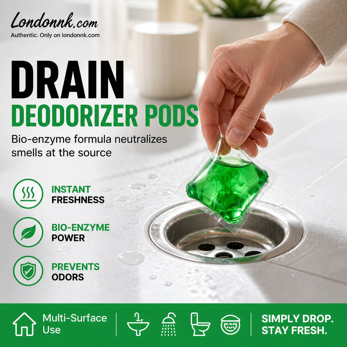 Turqelis™ Drain Deodorizer Pods – Bio‑enzyme formula neutralizes smells at the source. Instant fresh scent, no harsh chemicals. 🚰✅