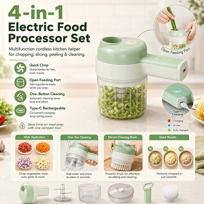 Turqelis™ 4-in-1 manual electric vegetable cutter set Multifunction cordless food processor