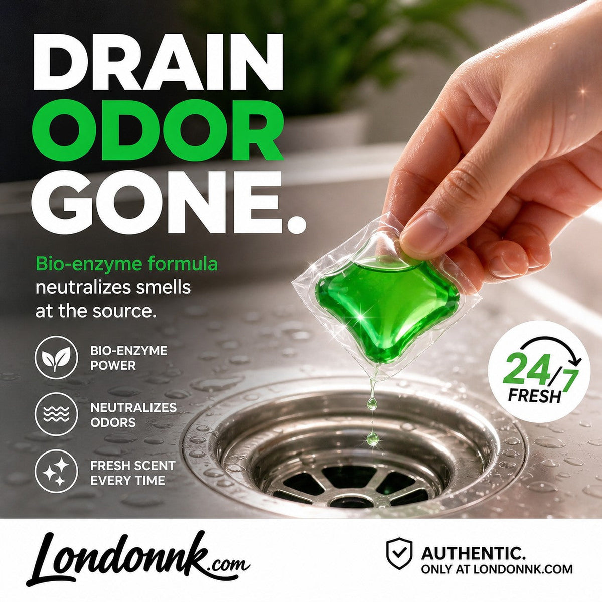 Turqelis™ Drain Deodorizer Pods – Bio‑enzyme formula neutralizes smells at the source. Instant fresh scent, no harsh chemicals. 🚰✅