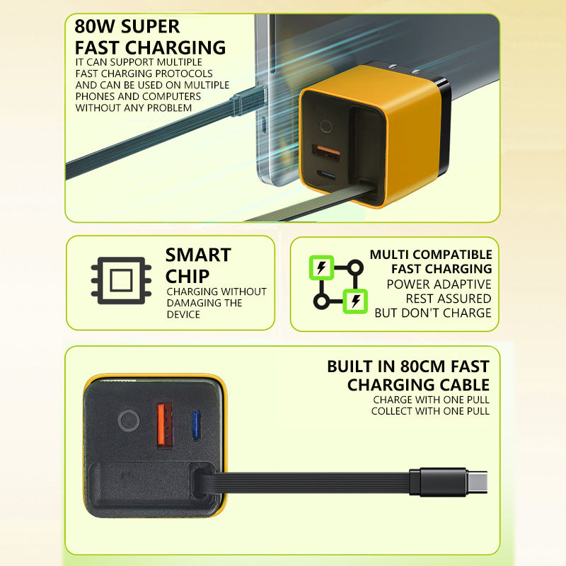 🔥3 in 1 GaN Charger,Scalable 80W MAX fast charger module with Type-C cable and 1 USB ports (Offer)