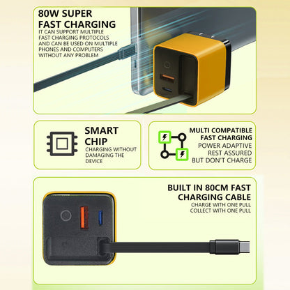 🔥3 in 1 GaN Charger,Scalable 80W MAX fast charger module with Type-C cable and 1 USB ports (LA)