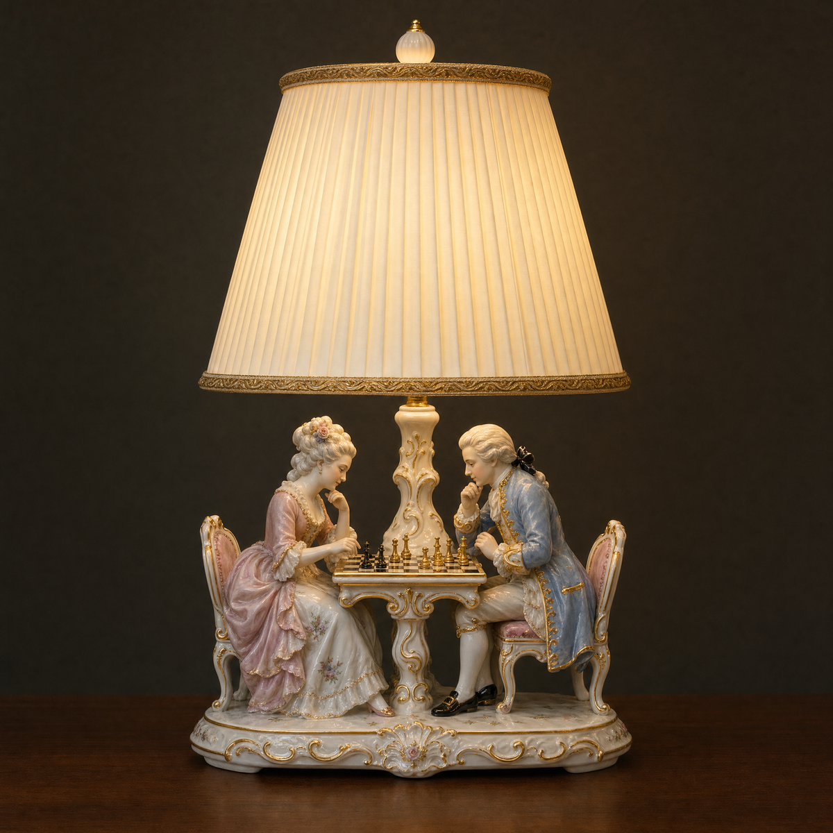 Lit porcelain figurine table lamp with two eighteenth-century figures playing chess, ivory pleated shade