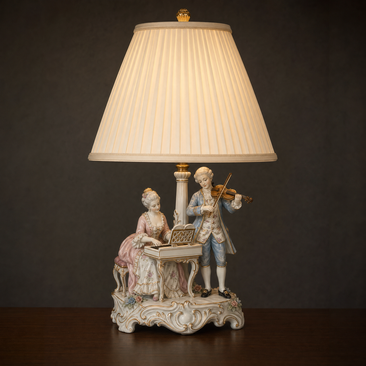 Lit porcelain figurine table lamp with a woman at a keyboard and a man playing violin