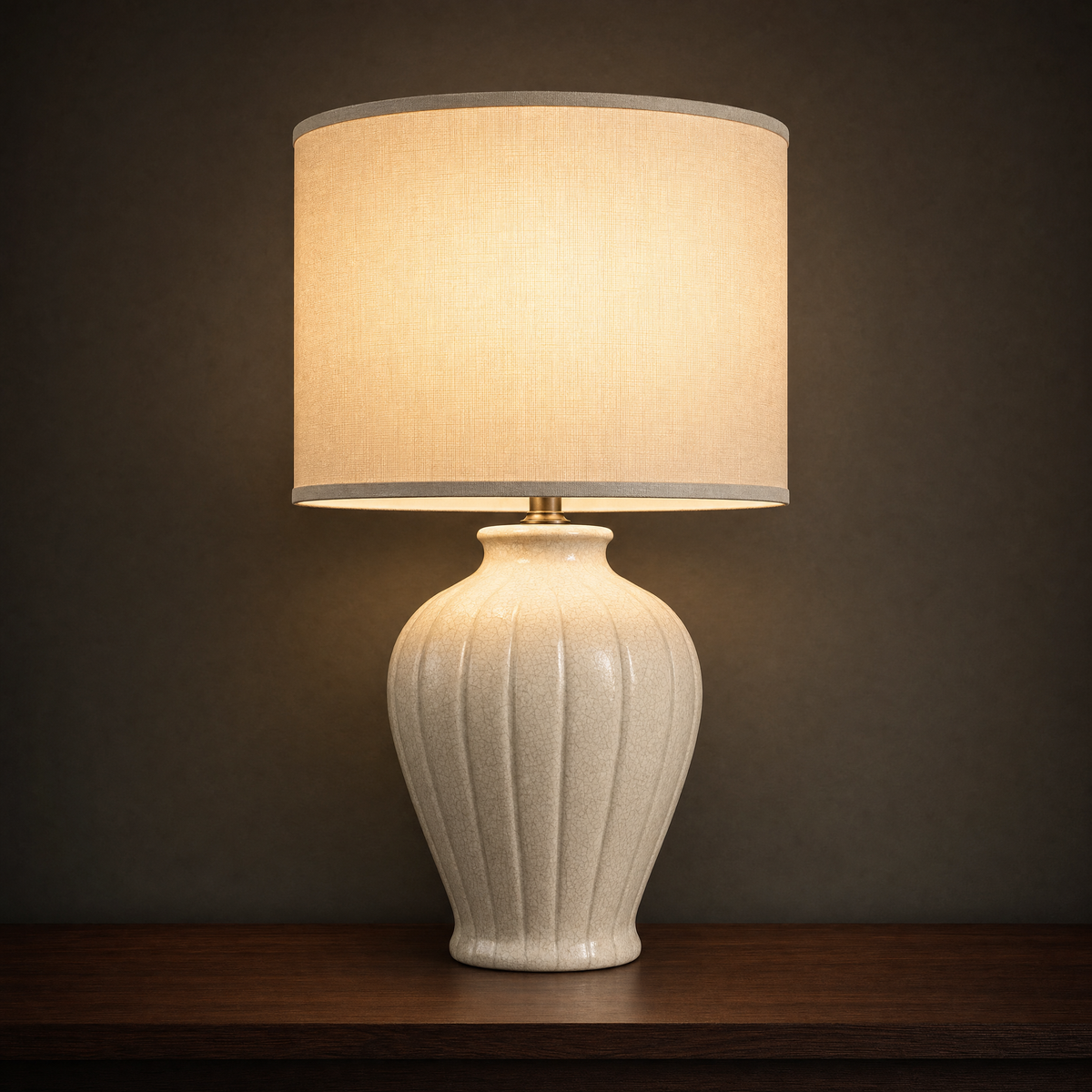 Lit ceramic table lamp with a plain fluted ivory crackle-glazed urn base and ivory linen drum shade