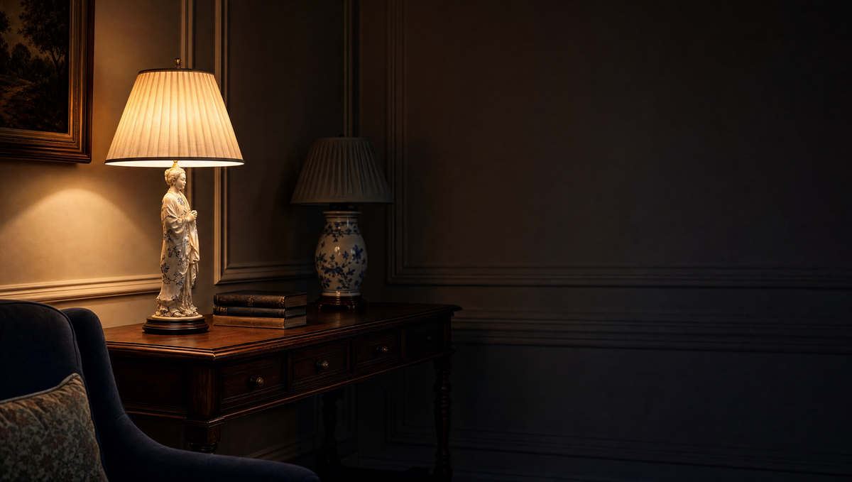 A dim panelled room at dusk with a lit porcelain figurine lamp throwing warm light across a walnut console
