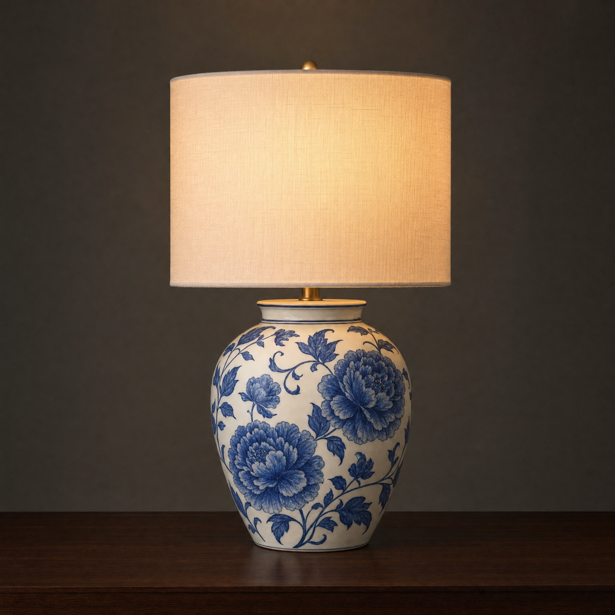 Lit ceramic table lamp with a ginger-jar base hand-painted with cobalt blue peonies