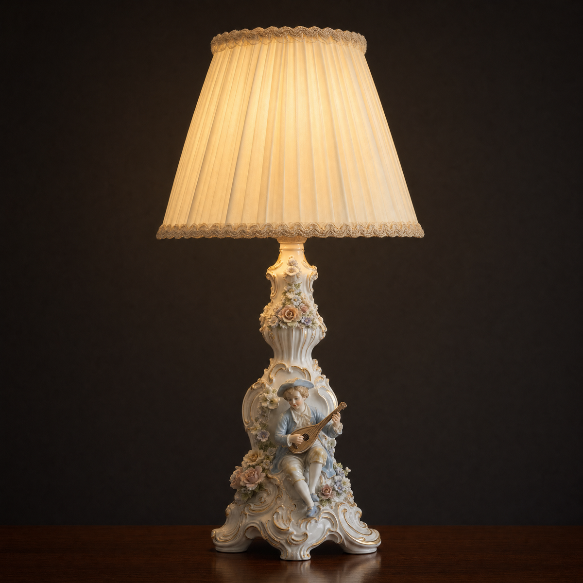 Lit porcelain figurine table lamp on an ornate scrolled scalloped base with a seated lute player