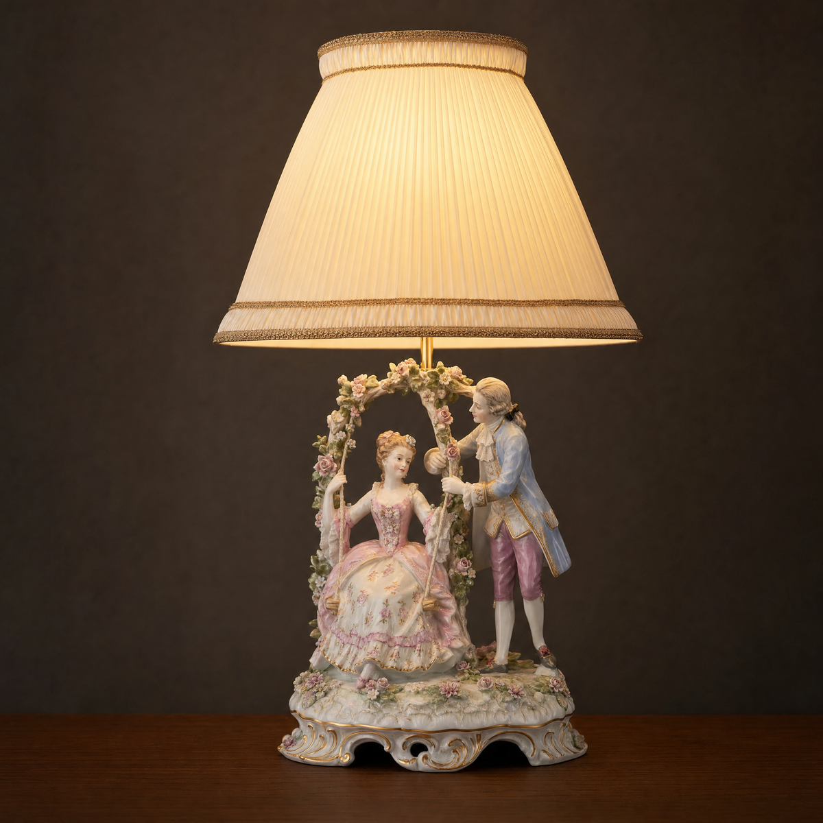 Lit porcelain figurine table lamp with a woman on a flower-trimmed swing and a suitor beside her