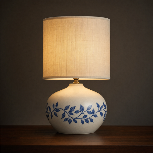 Lit ceramic table lamp with a squat rounded base banded with a trailing cobalt vine and leaves